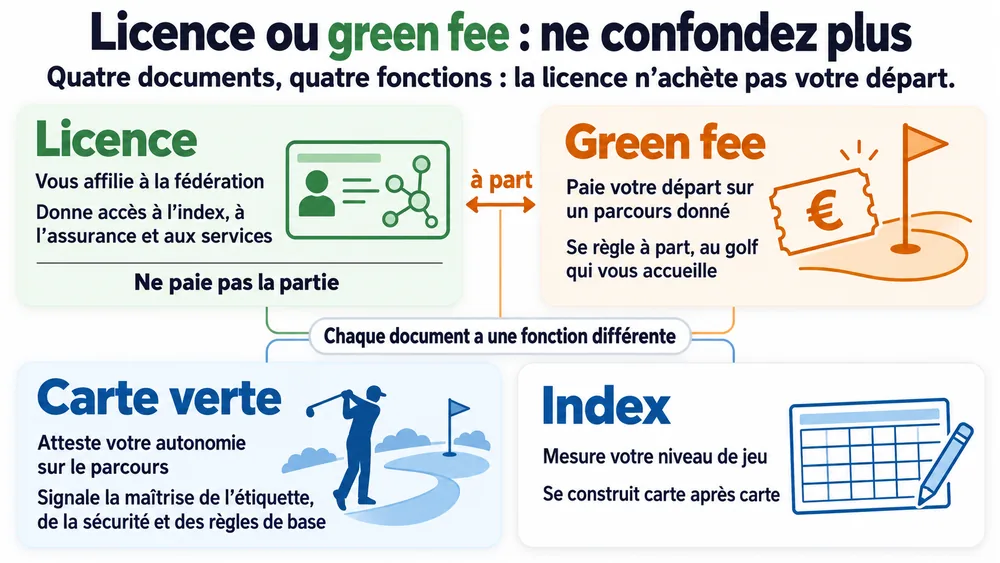 Licence golf ou green fee : ne confondez plus. Quatre documents, quatre fonctions : la licence n’achète pas votre départ.