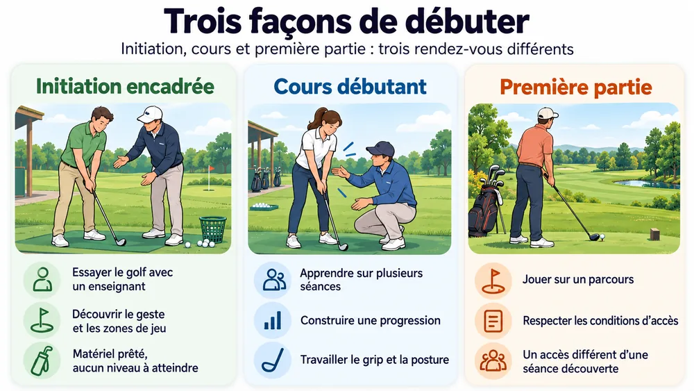 Trois façons de débuter. Initiation au golf, cours et première partie : trois rendez-vous différents