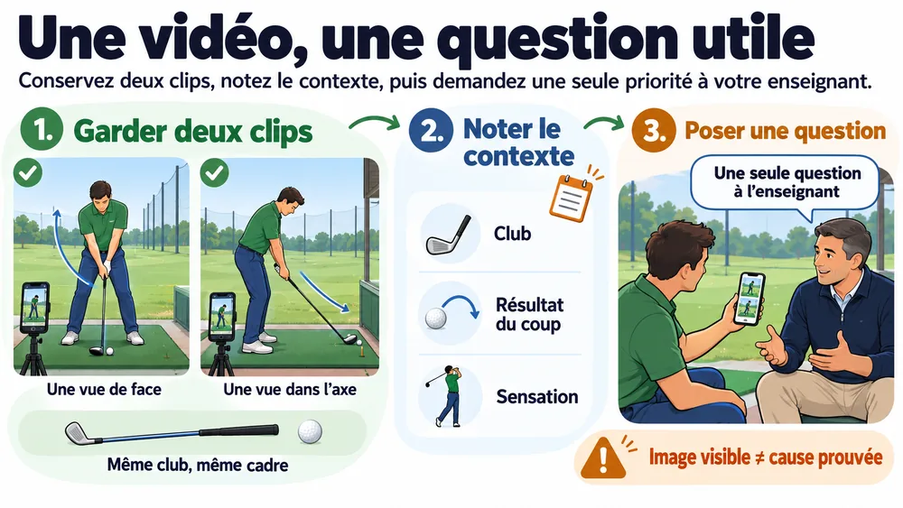 Une vidéo, une question utile : conservez deux clips de swing golf ralenti, notez le contexte, puis demandez une seule priorité à votre enseignant.